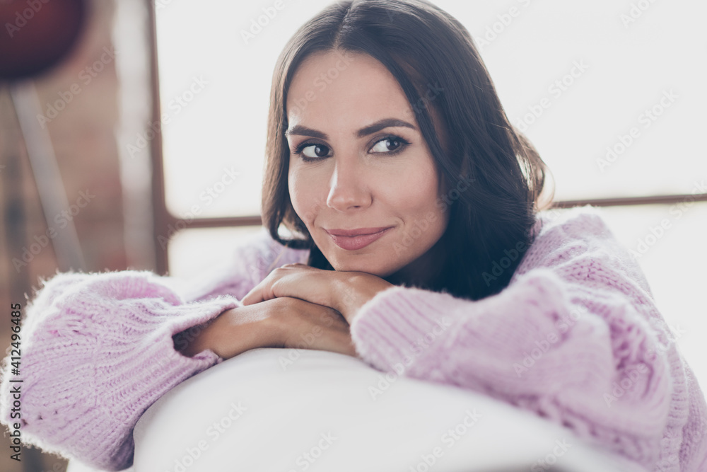 Photo of cute lovely peaceful young woman look dreamy comfort rest sit sofa indoors inside house apartment Photo of cute lovely peaceful young woman look dreamy comfort rest sit sofa indoors inside house apartment