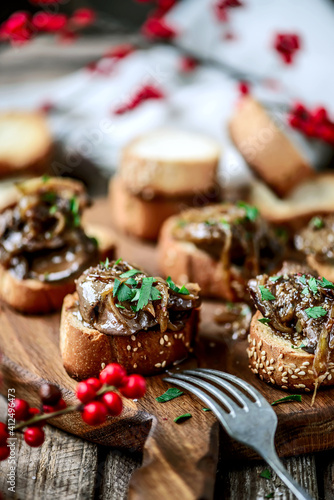 Rabbit liver crostini appetizer.style rustic