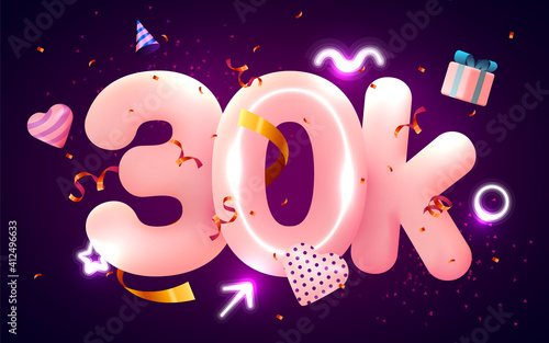 30k or 30000 followers thank you Pink heart, golden confetti and neon signs. Social Network friends, followers, Web user Thank you celebrate of subscribers or followers and likes.