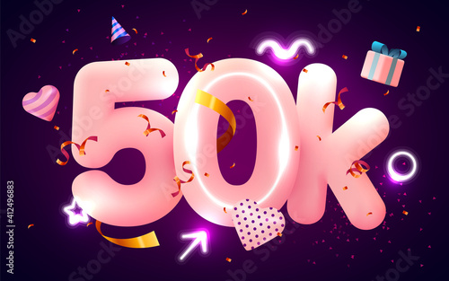 50k or 50000 followers thank you Pink heart, golden confetti and neon signs. Social Network friends, followers, Web user Thank you celebrate of subscribers or followers and likes.