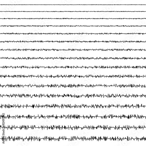 set of horizontal line doodles of seismic waves of the vibrational form of an earthquake with a random frequency and amplitude, a vector seismogram that registers earths vibrations