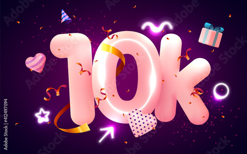 10k or 10000 followers thank you Pink heart, golden confetti and neon signs. Social Network friends, followers, Web user Thank you celebrate of subscribers or followers and likes.