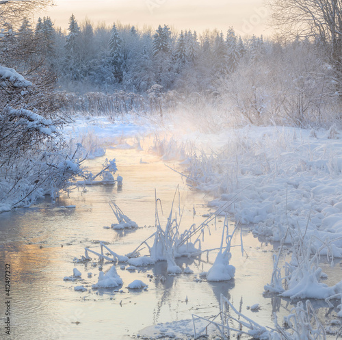 Frosty morning on a forest stream. Leningrad region. russia photo