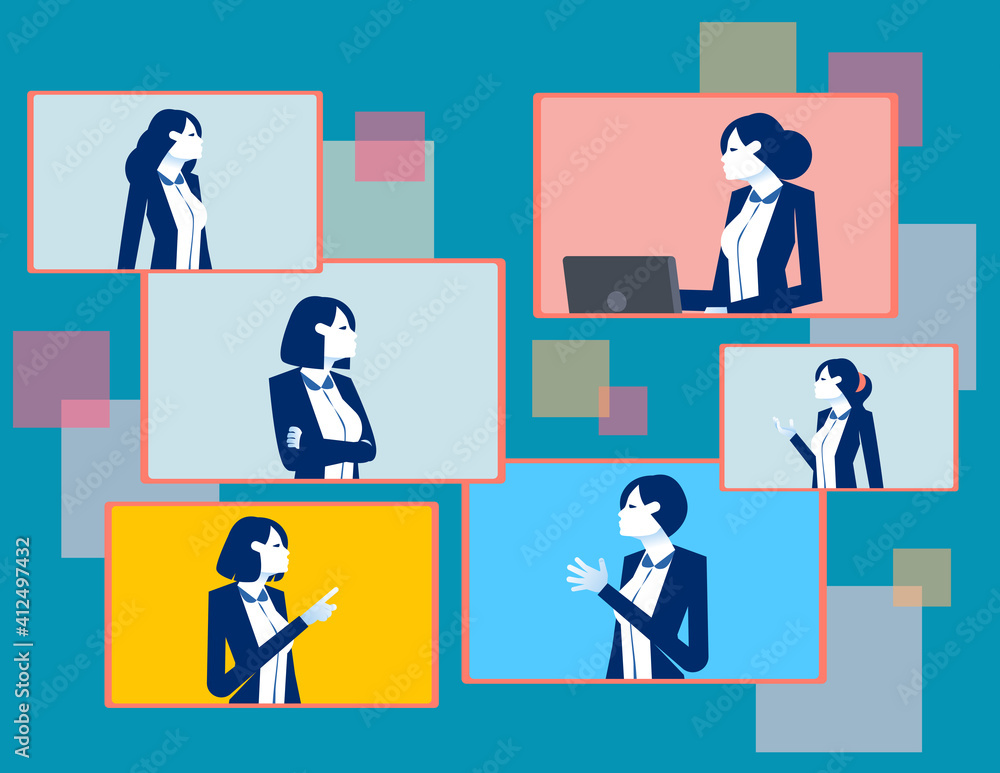 Online working in computer windows. Virtual business meeting concept Online working in computer windows. Virtual business meeting concept