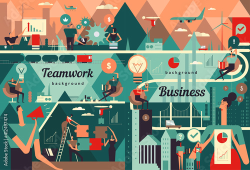 Business illustration.  Flat vector illustrations. Business processes, teamwork, office work. Large panorama with cityscapes and business people.