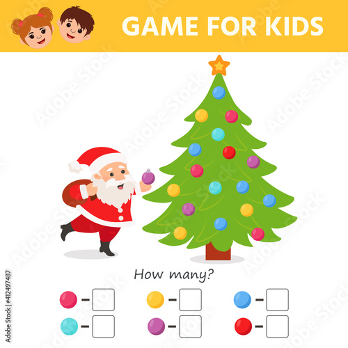Game for kids. Santa Claus. Count how Christmas balls and write the result. Kids learning material. reschool worksheet activity. Vector Illustration