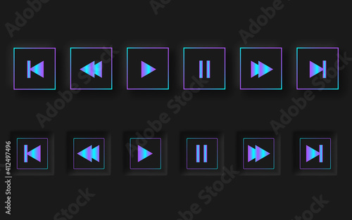 play buttons, neomorphic style black player. trend 2021