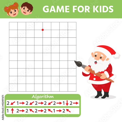 Game for kids. Santa Claus. Draw a picture according to the algorithm. Preschool worksheet activity. Children funny riddle entertainment for the development of logical thinking. Vector Illustration