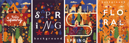 Spring, summer, landscape. A girl in the countryside riding a bicycle, flower meadow, city in the background. Set of flat vector illustrations. Lettering, poster. A set of posters, cards or covers.