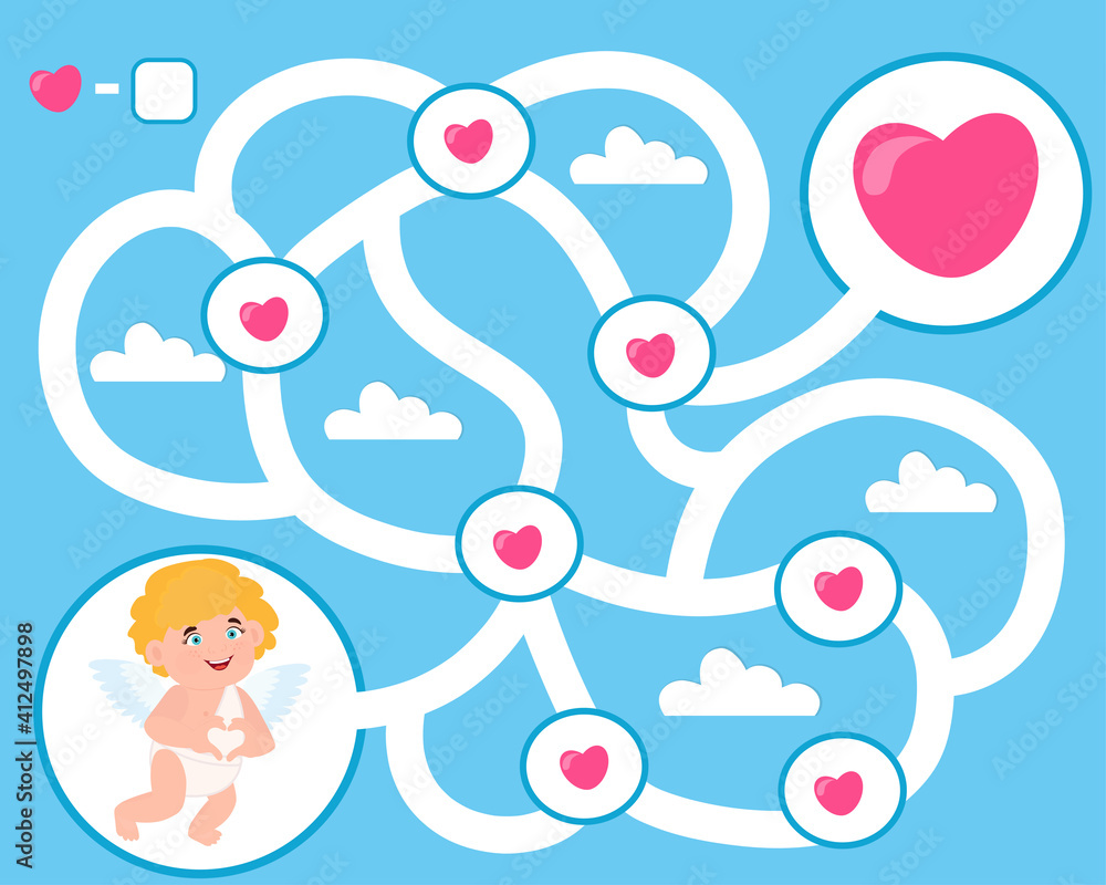 Game for children. Valentine's Day. Help Cupid find hearts. Kids activity sheet. Maze puzzle. How many hearts will cupid collect. Vector illustration Game for children. Valentine's Day. Help Cupid find hearts. Kids activity sheet. Maze puzzle. How many hearts will cupid collect. Vector illustration