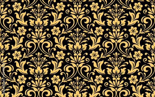 Wallpaper in the style of Baroque. Seamless vector background. Black and gold floral ornament. Graphic pattern for fabric, wallpaper, packaging. Ornate Damask flower ornament
