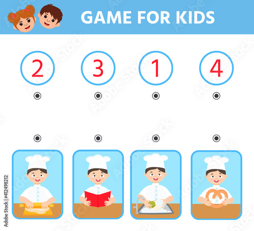 Education logic game for preschool kids. Kids activity sheet. Arrange the order of the baking steps. Cook. Children funny riddle entertainment. Vector illustration