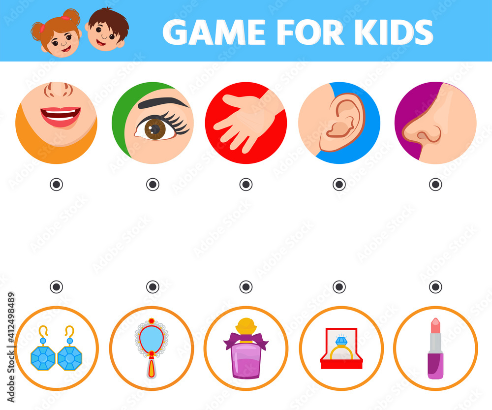 Game for kids. Five senses. Sight, touch, hearing, smell and taste. Preschool worksheet activity. Match of sense organs and objects