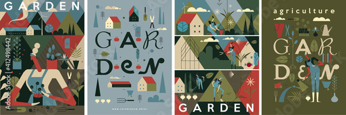 Garden, Agriculture. People are engaged in agriculture, gardening and farming.  Lettering, poster. People grow vegetables, work in the garden. Flat vector illustration.