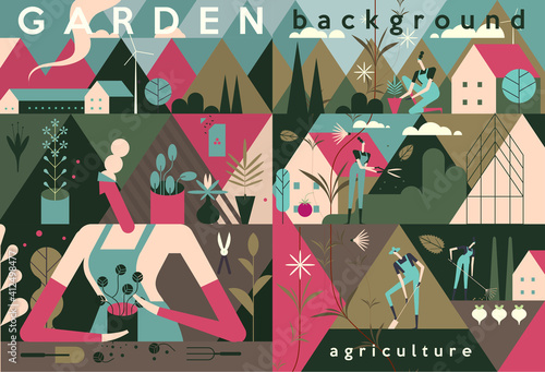 Garden, Agriculture. People are engaged in agriculture, gardening and farming. Rural landscape and farm and agriculture objects. People grow vegetables, work in the garden. Flat vector illustration.