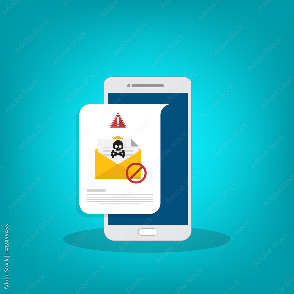 Mobile phone with email, envelope with black document and skull icon notification. Virus, malware, email fraud, e-mail spam, phishing scam, hacker attack concept. Vector illustration Mobile phone with email, envelope with black document and skull icon notification. Virus, malware, email fraud, e-mail spam, phishing scam, hacker attack concept. Vector illustration