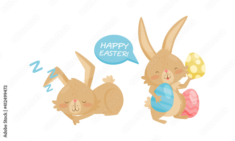 Cute Rabbit with Long Pointed Ears Sleeping and Holding Easter Eggs Vector Set Cute Rabbit with Long Pointed Ears Sleeping and Holding Easter Eggs Vector Set