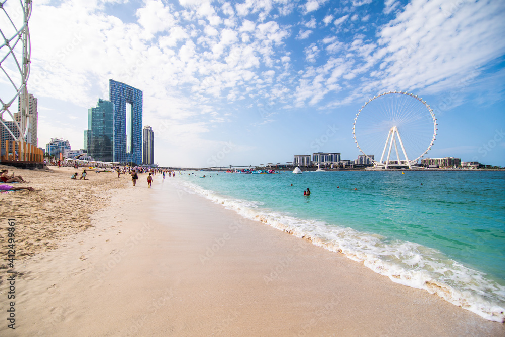 DUBAI, UAE - December, 2020: JBR or Jumeirah Beach Residence is a waterfront community located in Dubai Marina in UAE