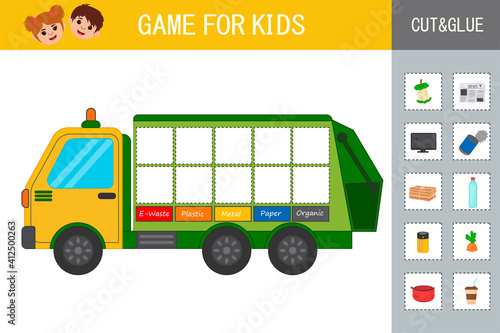 Game for children. Waste sorting concept illustration. Sort garbage by type. Garbage truck. Educational activity for kids and toddlers.