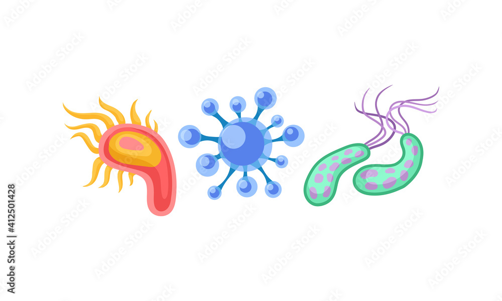 Various Virus, Microbe and Germs of Different Color and Shape Vector Set