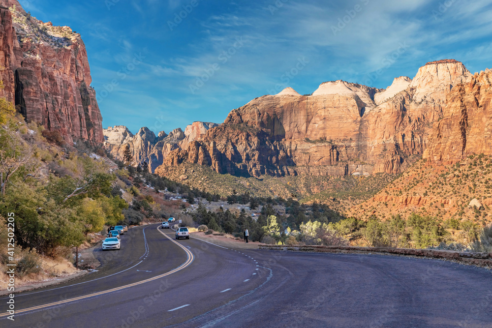 Beautiful scenery, views of an incredibly scenic road surrounded by rocks and mountains in Zion National Park, Utah, USA.