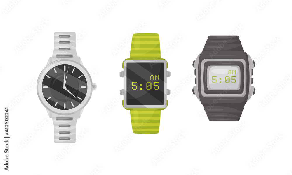 Wristwatch as Portable Timepiece with Watch Strap Worn Around the Wrist Vector Set Wristwatch as Portable Timepiece with Watch Strap Worn Around the Wrist Vector Set