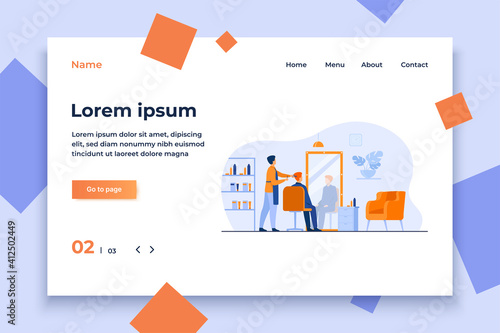 Male hairdressing beauty salon interior isolated flat vector illustration. Cartoon stylist or beautician cutting client hair in barbershop. Appearance and beauty concept