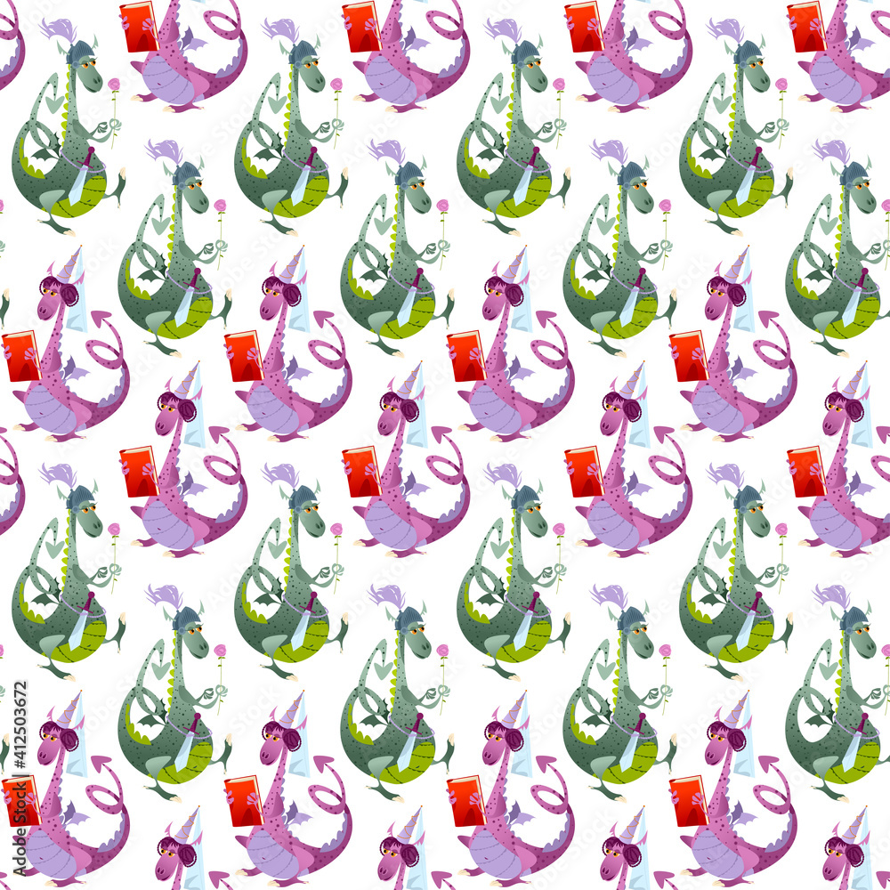 Two fairy-tale dragons. Diada de Sant Jordi (the Saint George’s Day). Traditional festival in Catalonia, Spain. Seamless background pattern.