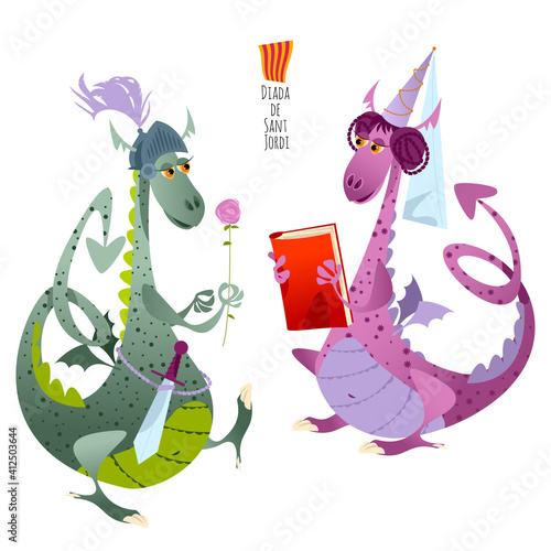 Two fairy-tale dragons. Diada de Sant Jordi (the Saint George’s Day). Traditional festival in Catalonia, Spain. Dia del llibre (The Day of the Book).