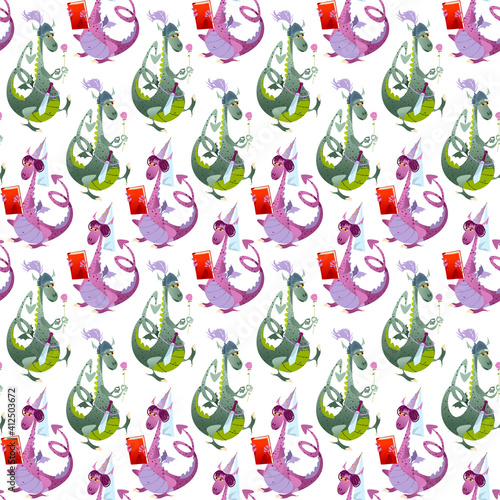 Two fairy-tale dragons. Diada de Sant Jordi  the Saint George   s Day . Traditional festival in Catalonia  Spain. Seamless background pattern.