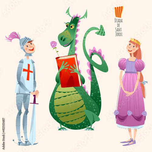 Princess, knight and dragon. Diada de Sant Jordi (the Saint George’s Day). Traditional festival in Catalonia, Spain. photo