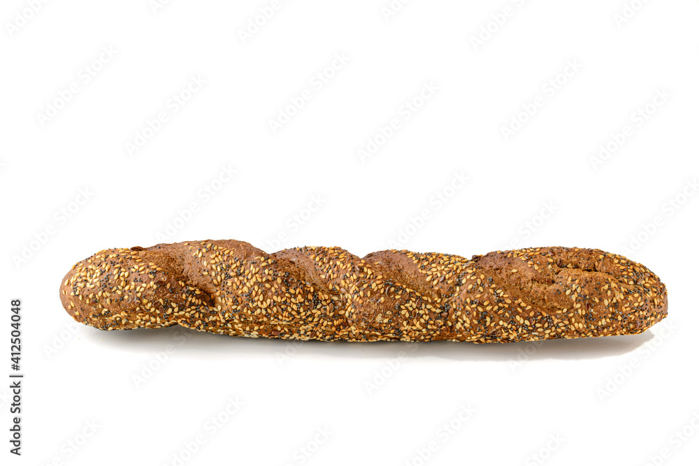 Bread, rye baguette with sesame seeds.Isolated on a white background. Bread, rye baguette with sesame seeds.Isolated on a white background.