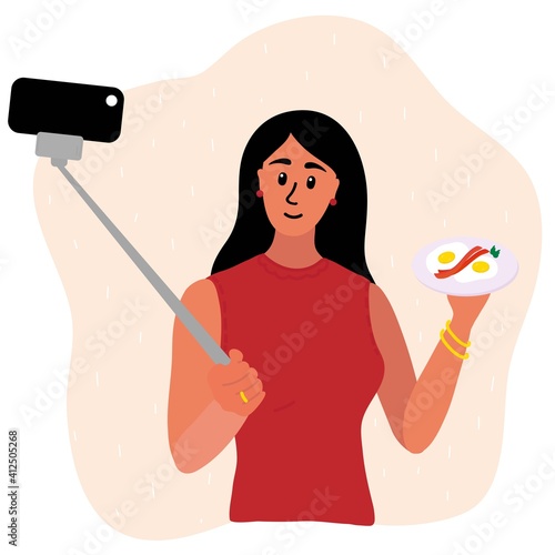 brunette woman food blogger making photo selfie with with scrambled eggs and bacon for blog. Cute girl with smartphone camera. Social media Vector cartoon illustration
