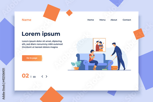 Loving man helping with house routine when woman feeding baby. Breast, family, newborn flat vector illustration. Motherhood and lactation concept for banner, website design or landing web page