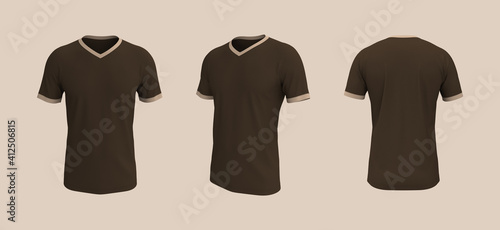 men's short-sleeve t-shirt mockup in front, side and back views, design presentation for print, 3d illustration, 3d rendering
