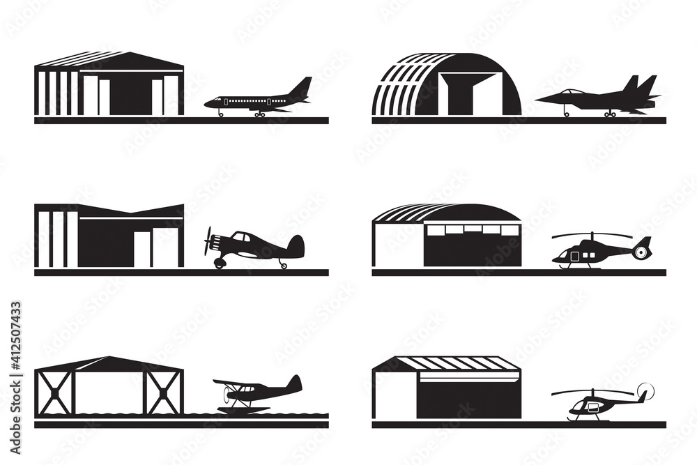 Hangars for airplanes and helicopters – vector illustration - obrazy, fototapety, plakaty 