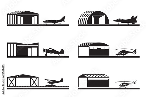 Hangars for airplanes and helicopters – vector illustration