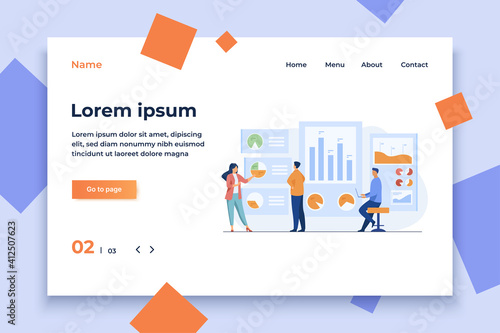 Office workers analyzing and researching business data vector illustration. Marketing analysts developing strategy. Business people studying infographics and diagrams on dashboard
