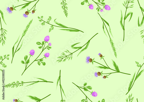 Seamless pattern with herbs and cereal grass.