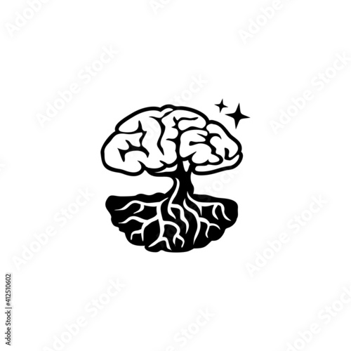A logo that depicts two hemispheres of a brain as a tree crown 
and root system. The design usses natural lines, hand drawn 
aesthetic to pronnounce the connection of humans to nature. 