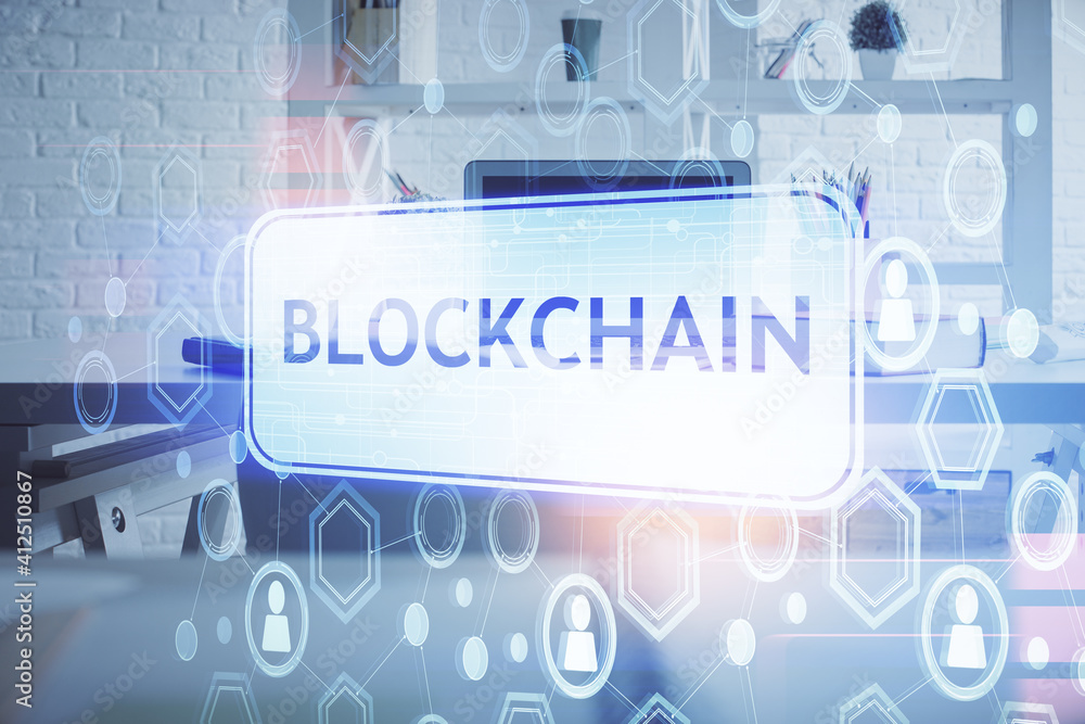 Double exposure of crypto technology theme drawing and office interior background. Concept of blockchain. Double exposure of crypto technology theme drawing and office interior background. Concept of blockchain.