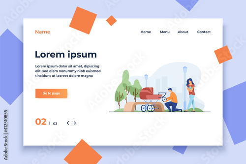 Man repairing pram and woman feeding baby. Wheel, park, newborn flat vector illustration. Motherhood and lactation concept for banner, website design or landing web page