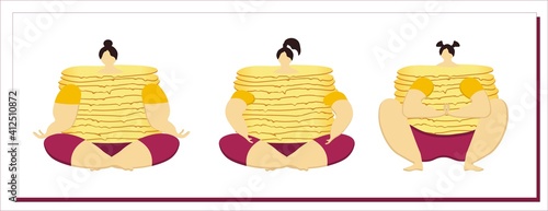 No diets. World No Diet Day. Tolstoy woman with pancakes. Vector illustration isolated on white background. Obesity and gluttony concept