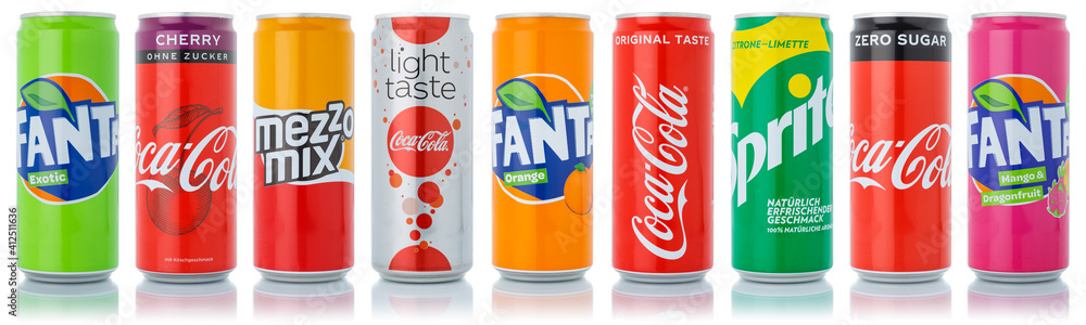Coca Cola Coca-Cola Fanta Sprite products lemonade soft drinks in cans in a  row isolated on a white background Stock Photo | Adobe Stock