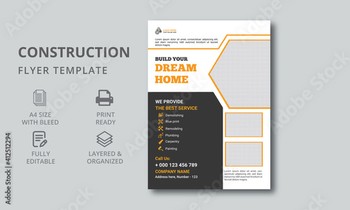 Construction Renovation A4 Flyer Template. House repair cover A4 template for construction tools. Flyer Template Design.