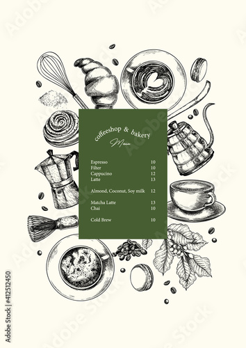 Coffeeshop and bakery set. Hand drawn coffee, matcha, croissant, macaron, kettle, mug, chasen, beans, food, barista equipment. Vector engraved composition. Restaurant branding template, menu design.