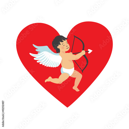 Valentin's day heart chape card with cute cupid on white background. Vector i...