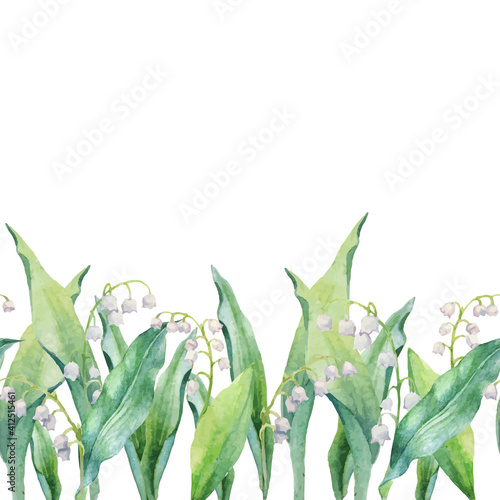 Seamless horizontal pattern of watercolor lilies of the valley and leaves isolated on white background. Vector decor for your design.