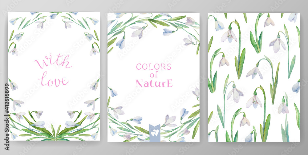 Set of vector cards with spring flowers. Collection of cards with watercolor snowdrops. Frames and backgrounds on a spring theme for your design