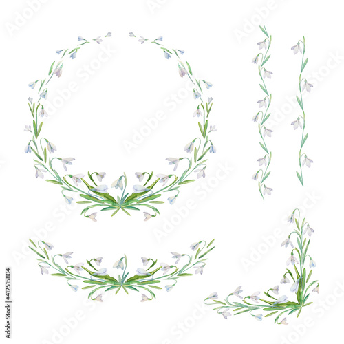 Floral watercolor Frame Collection with spring flowers. Set of cute retro snowdrops arranged in the shape of the circle for greeting, wedding invitations, and birthday cards